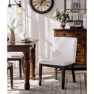 Sunvega Modern Walnut Finish Wood and White Glossy PU Leather Dining Chairs Set of 2