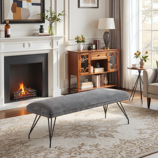 Sunvega Modern Upholstered Dining Bench with Gray Fabric and Hairpin Legs