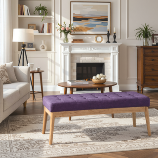 Sunvega Mid Century Modern Tufted Bench with Solid Birch Legs and Natural Finish