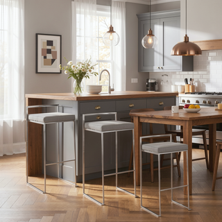 Sunvega Contemporary Stackable Barstool Set of 3 with Grey Faux Leather Cushion