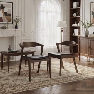 Sunvega Mid-Century Modern Walnut Solid Wood Black Leather Dining Chair Set