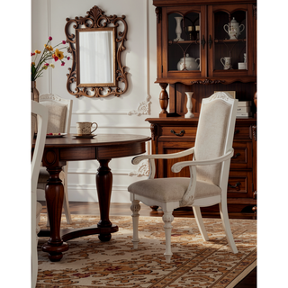 Sunvega Antique White 2pc Arm Chair with Upholstered Seat and Intricate Wood Inlay