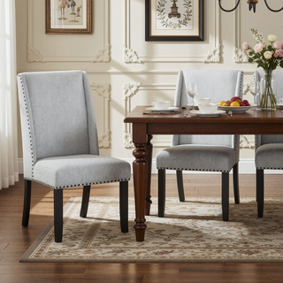 Sunvega Modern Light Gray Upholstered Dining Chairs with Black Nailhead Trim Set of 2