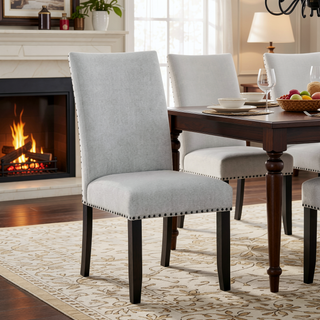Sunvega Modern Light Gray Finish 2pc Side Chair with Fabric Upholstery and Nailhead Trim