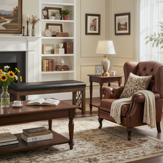 Sunvega Black Faux Leather Upholstered Weathered Cherry Dining Bench with Nailhead Trim