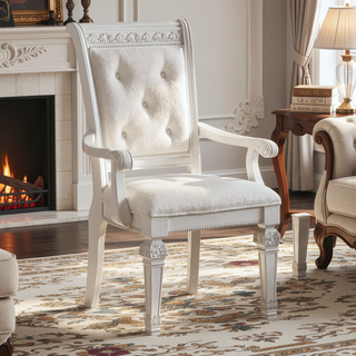 Sunvega Traditional Style Ivory Chenille Upholstered Arm Chair with Solid Wood Frame