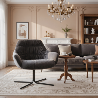 Sunvega Contemporary Swivel Lounge Chair in Black Metal and Grey Velvet