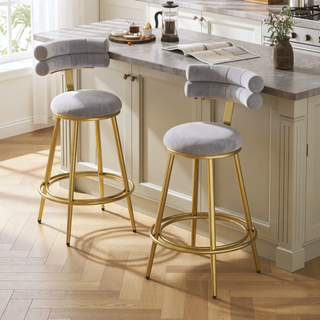 Sunvega Light Gray Velvet Counter Stools Set of 2 with Iron Frame and Footrest
