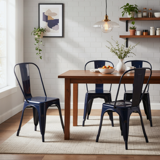 Sunvega Set of 4 Modern Dark Blue Metal Dining Room Kitchen Bar Chairs