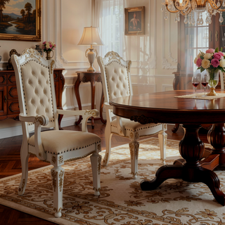 Sunvega Beige and Antique Pearl Tufted Back Arm Chairs with Nailhead Trim and Floral Legs