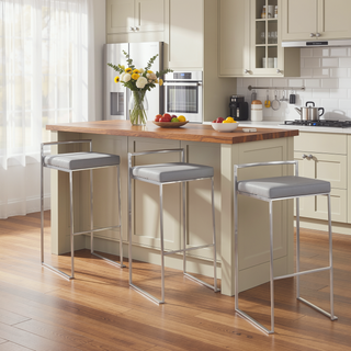 Sunvega Contemporary Stackable Barstool Set of 3 with Grey Faux Leather Cushion