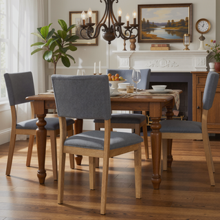 Sunvega Modern Farmhouse Dining Side Chair with Blue Linen-Like Upholstery and Light Brown Frame