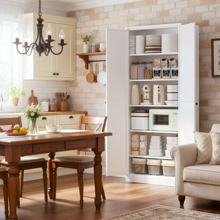 Sunvega Modern Kitchen Pantry Cabinet with Glass Doors and Adjustable Shelves for Living Room