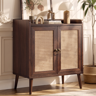 Sunvega Medieval Style Buffet Cabinet with Rattan Doors and Baffle Strip Design