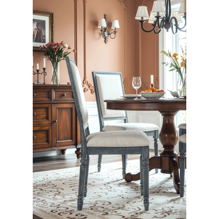 Sunvega Cream Linen Upholstered Side Chair with Weathered Gray Finish and Wooden Legs