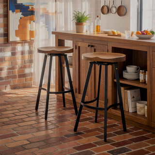 Sunvega Antique Styled Swivel Barstools with Pinewood Seat and Iron Frame