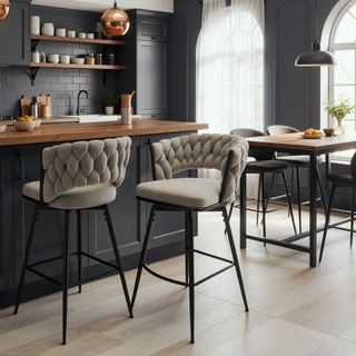 Sunvega Linen Woven 360 Swivel Bar Stools Set of 2 with Back and Footrest Grey
