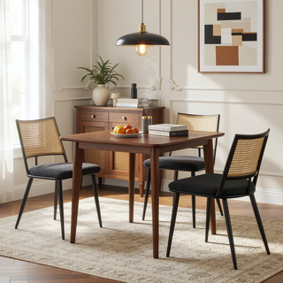 Sunvega Mid-Century Modern Dining Chairs with Rattan Backrest & Thick Boucle Cushion