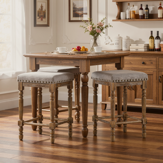 Sunvega Traditional Weathered Oak Finish Counter Height Stools with Beige Fabric Seating