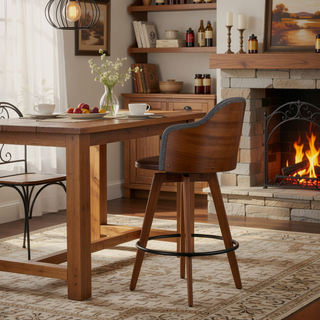 Sunvega Mid-Century Modern Counter Stool with Walnut Wood Back and Faux Leather