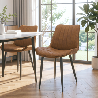 Sunvega Brown PU Leather Dining Chairs with Metal Legs and Wave Pattern Upholstery