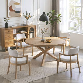Sunvega Natural Wood Frame Side Chair with Padded Seat and Armrests Set of 2