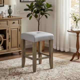Sunvega Tan Linen & Weathered Oak Finish Counter Height Armless Stool Set of 2