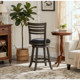 Sunvega Cherry Finish Beige Fabric Slat Back Swivel Stool for Counter Height