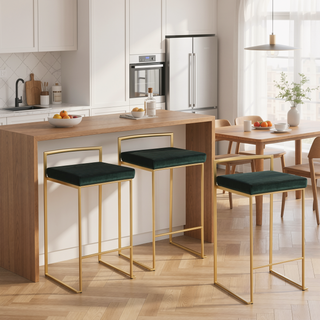 Sunvega Gold Metal Frame Green Velvet Cushion Stackable Counter Stool Set of 3