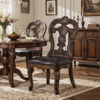 Sunvega Traditional Dark Brown Solid Rubberwood Side Chairs with Ornate Corbels