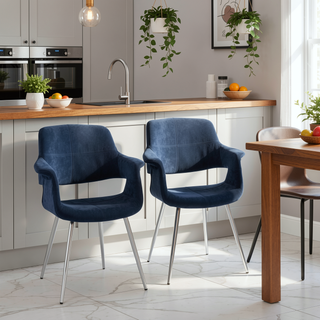 Sunvega Glam Art Deco Chair with Blue Velvet Upholstery and Chrome Metal Legs Set of 2