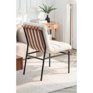 Sunvega Boucle Upholstered Chair with Cognac PU Leather Detailing and Black Iron Legs