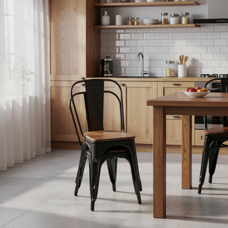 Sunvega High Gloss Black Industrial Metal Dining Chairs with Walnut Wooden Seat
