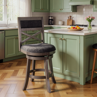 Sunvega 24 Inch Counter Height X-Back Swivel Stool with Beige Fabric Seat and Cherry Finish