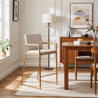 Sunvega Fuji Contemporary High Back Barstool with Padded Seat in Gold Steel and Beige Fabric