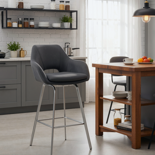 Sunvega Gray Faux Leather Swivel Bar Stool with Brushed Stainless Steel Base