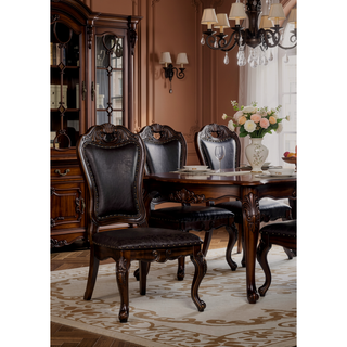 Sunvega Traditional Walnut Solid Wood Dining Chairs with Dark Brown Leatherette Seats