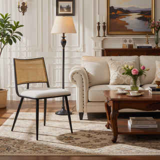 Sunvega Mid-Century Modern Dining Chairs with Rattan Backrest & Thick Boucle Cushion