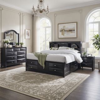 Sunvega Lucille Black Nightstand with Spacious Drawers and Chambered Fronts