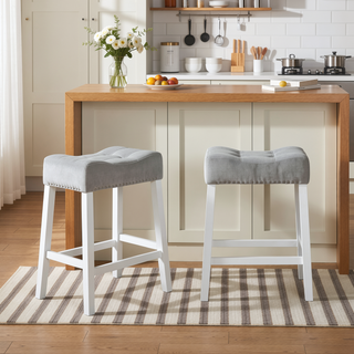 Sunvega Set of 2 Velvet Stools with Tufted Saddle Seats in White-Wash Finish