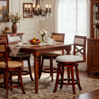 Sunvega 24 Inch Counter Height X-Back Swivel Stool with Beige Fabric Seat and Cherry Finish