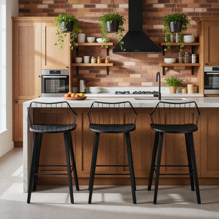 Sunvega Winston Farmhouse Counter Stool with Wood Seat and Metal Spindle Backrest