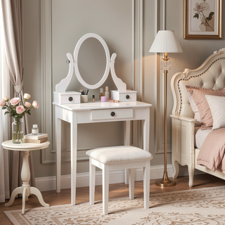 Sunvega Pink Wood Makeup Vanity Table and Stool Set with Mirror and Storage Drawers