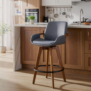 Sunvega Mid-Century Modern Walnut Finish Counter Stool with Faux Leather Seat