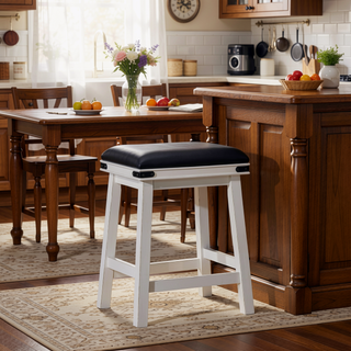 Sunvega Antique White Finish Counter Stool with Black Leather Seat