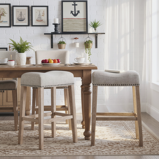Sunvega Genuine Wood Weathered Grain Upholstered Saddle Seat Bar Stools Set of 2