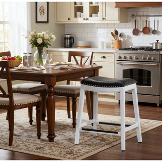 Sunvega Natural Finish Saddle Leather Seat Counter Stool with Footrest and Nail Head Trim