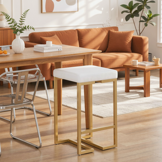 Sunvega Gold Contemporary Glam Counter Stool with White Velvet Cushion Set of 2