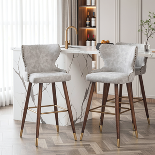 Sunvega Mid-Century Modern Tufted Nailhead Trim Barstool Set of 2 in Off-White