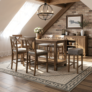 Sunvega Counter Height Stools with Tan Linen Upholstery and Weathered Oak Finish